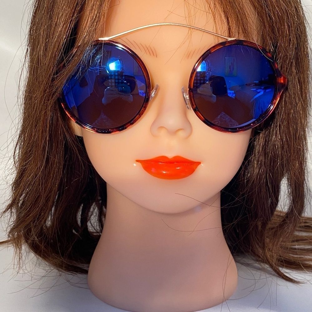 1356 Round Sunglasses Tortoise and Silver Frames Blue Mirror Lens NWT